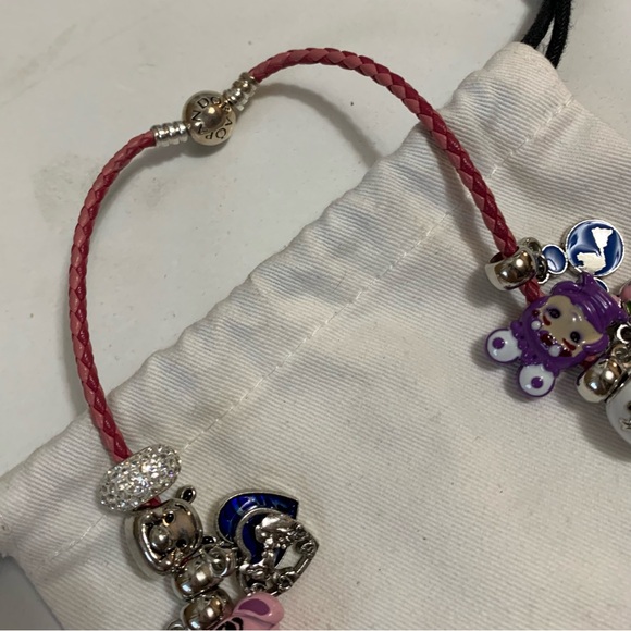 Pandora Pink Leather Bracelet Wrap Twice /Necklace Disney Cartoon Figure Charms - Picture 2 of 12